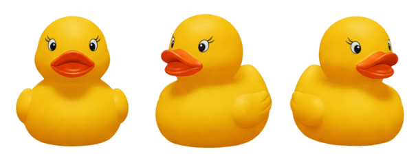 Yellow rubber duck ducky, transparent background cutout, PNG. Mockup template artwork design. perspective positions, from different angles
