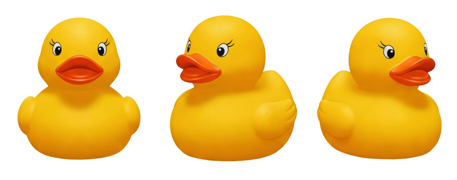 Yellow rubber duck ducky, transparent background cutout, PNG. Mockup template artwork design. perspective positions, from different angles
