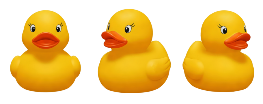 Yellow rubber duck ducky, transparent background cutout, PNG. Mockup template artwork design. perspective positions, from different angles