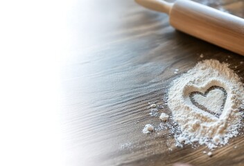 Heart shape drawn in flour on wooden table with rolling pin. Perfect for use in food blogs, bakery advertising, romantic cooking themes, love for baking, kitchen design, and Valentine’s promotions