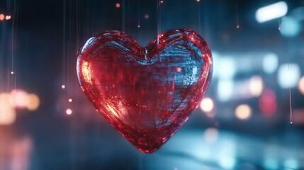 Glowing red glass heart suspended in air, city lights bokeh background.