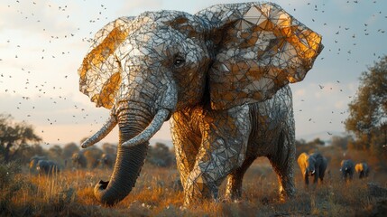 Fototapeta premium Majestic Geometric Elephant in African Savanna Sunset