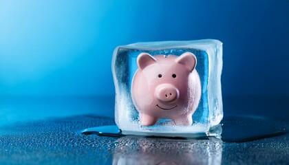 Piggy bank frozen in ice cube on blue background