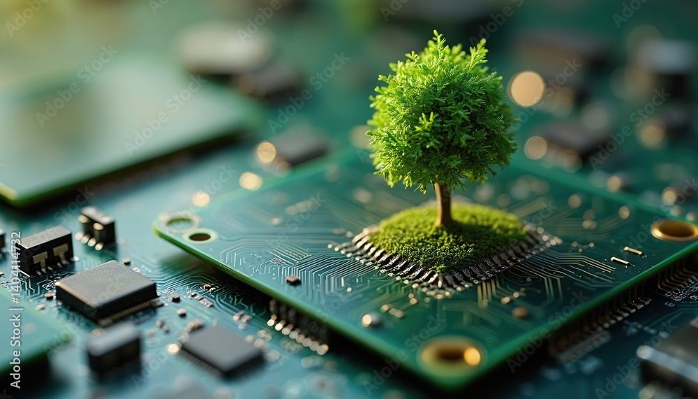 Fototapete Digital artwork of a green tree growing on computer circuit board. This generative AI illustration merges nature and technology, innovation with sustainability concepts.