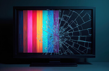 Shattered TV screen with vibrant abstract colorful stripes. Broken LCD display, cracked glass. Conceptual image of technology breakdown, damage, digital failure. Rainbow colors. Modern tech. Repair,