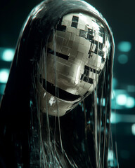 Glitch Mask Figure Smiling in Futuristic Digital Background  