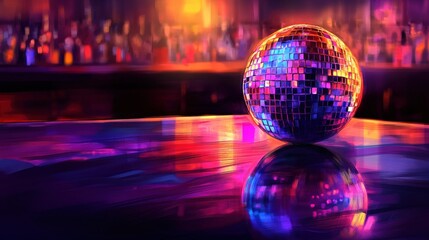A vibrant disco ball reflecting colorful lights on a bar counter in a lively nightlife setting