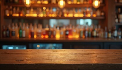 Wooden bar counter on blurred background bottles. Advertising space for drinks, cocktails. Empty table, product placement, pub, restaurant. Suitable for alcohol, food, beverages, sales promotions.