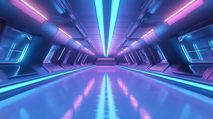 Futuristic neon-lit corridor with reflective floor.