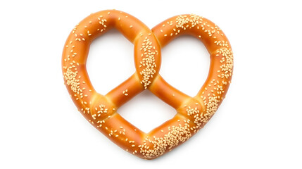 A heart-shaped pretzel toped with sesame seeds, isolated on white background.