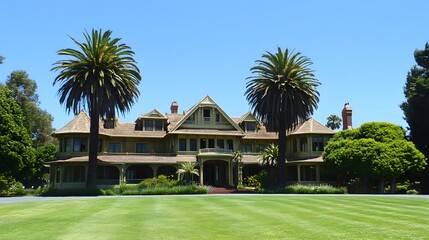 Grand Victorian Mansion with Palm Trees, Sunny Day