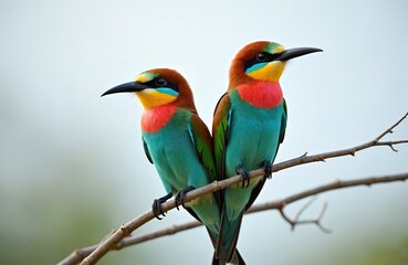 Fototapeta premium European bee-eaters perched on branch in early morning. Exotic colorful birds with bright blue, green feathers and red, yellow heads. Ornithology nature photography. Wildlife scene.