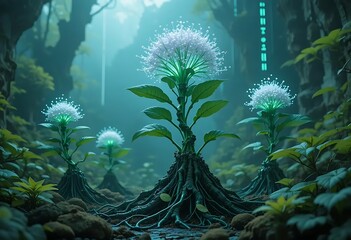 Obraz premium Glowing Flowers Growing in a Mysterious Forest Landscape