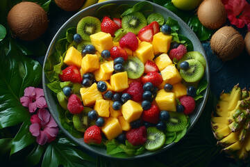 Tropical Fruit Salad with Mango, Kiwi, and Berries in a Dark Bowl