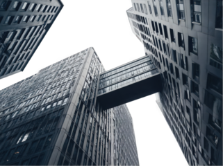 Modern architecture featuring sleek buildings and a striking sky bridge.