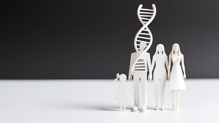 DNA helix structure and family paper model. Parents and children. DNA carrier status. Healthcare, science and medical concept.