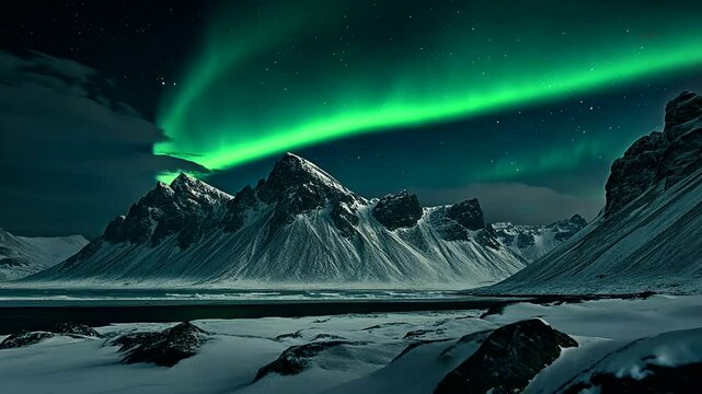 Majestic peaks meet celestial aurora, a winter wonderland where snowscapes gleam beneath the vibrant, dancing sky