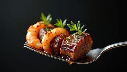 Elegant gourmet surf and turf bite with shrimp and steak on black background. Exquisite culinary presentation of small portion served on fork. Delicious, juicy, cooked, savoury flavors. Fine dining.