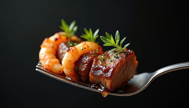 Elegant gourmet surf and turf bite with shrimp and steak on black background. Exquisite culinary presentation of small portion served on fork. Delicious, juicy, cooked, savoury flavors. Fine dining.