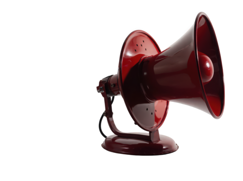 Red vintage megaphone on a white background, ideal for announcements or events.