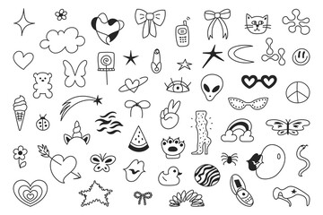 Cute doodle y2k vector elements set. Coquette and boho girlish retro illustrations in line.