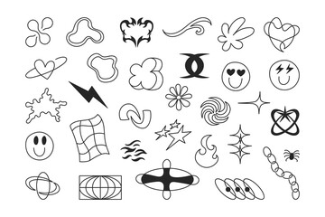 Funny doodle y2k vector elements set. Smile emoticons. Abstract liquid shapes, stars and hearts hand drawn collection.