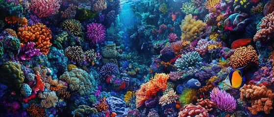 A vibrant coral reef teeming with life, showcasing a diverse array of colorful coral formations and fish.