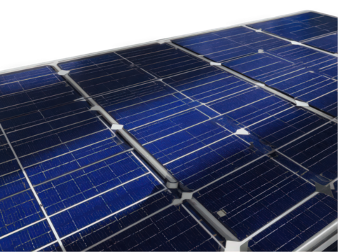 Close-up of solar panels showing blue photovoltaic cells and modern technology.