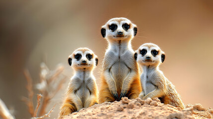 Three Meerkat Babies On A Mound In Africa