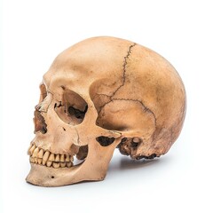A detailed human skull, isolated against a clean white background, ideal for educational and artistic uses.