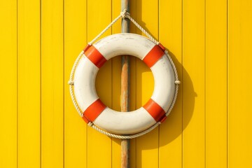 Ein Rettungsring mit roten Streifen h&auml;ngt an einer gelben Holzwand &ndash; Symbol f&uuml;r Sicherheit am Wasser. Generative KI