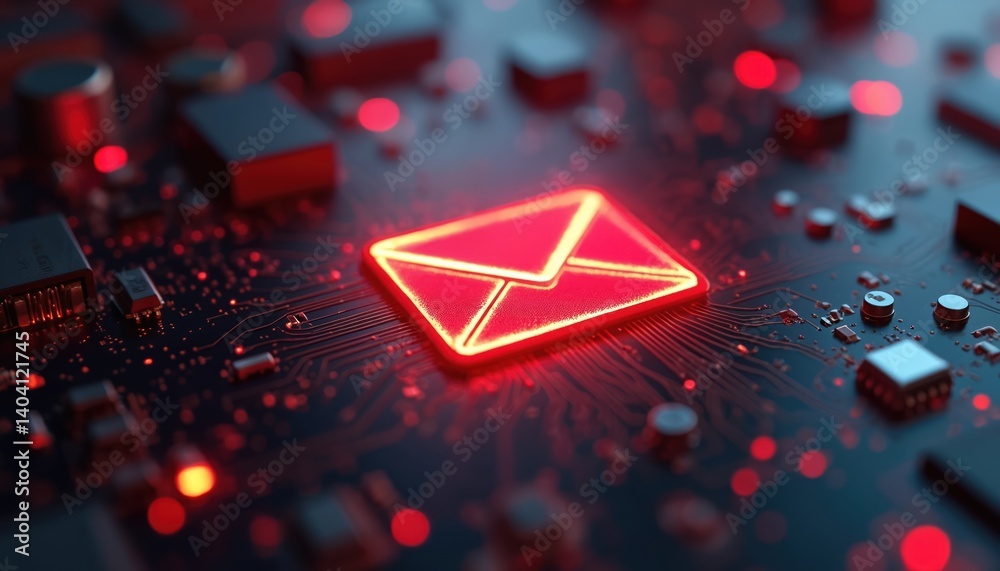 Poster glowing red envelope in digital cyberspace. alert symbol of spam email, electronic message threat. c
