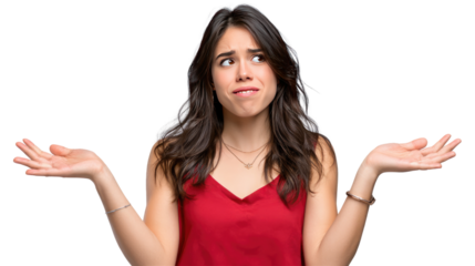 Woman Shrugging in Red Top: A young woman with long brown hair, wearing a red sleeveless top, shrugs her shoulders with a questioning expression on her face, conveying uncertainty or indecision.