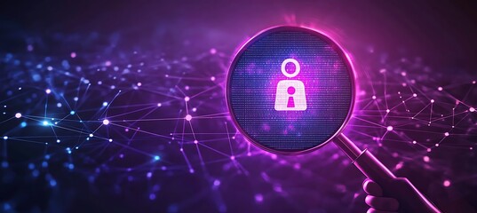 Magnifying Glass On User Icon In Purple CRM And HR Banner Highlighting Customer Care And Workforce Management