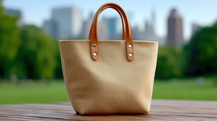 A blank tote bag mockup rests in a sunlit park, ideal for showcasing custom designs with ample copy space.