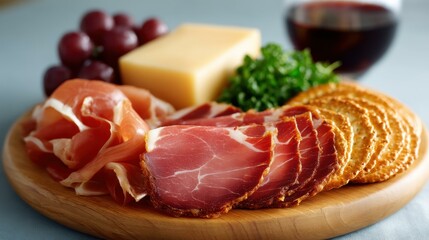 A delightful board filled with tasty starters like prosciutto, cheese, and crackers, paired with a glass of fine wine.