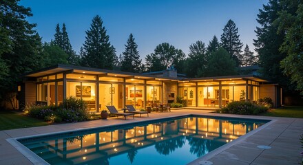 Fototapeta premium Modern architectural home illuminated at twilight with a beautiful pool reflecting the ambiance, surrounded by lush greenery and tall trees