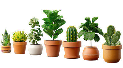 Obraz premium A Row of Potted Plants: A variety of potted plants, including succulents, cactus, and fiddle leaf fig, arranged in a row on a clean background. The soft.