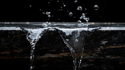 Water cascading over a dark surface, creating dynamic splashes and droplets
