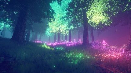 Luminous forest landscape with neon flora and ethereal illumination