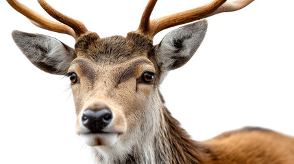 Fallow Deer Portrait: A closeup portrait of a fallow deer, showcasing its distinctive spotted coat, large antlers, and curious brown eyes, captured against a clean white background.