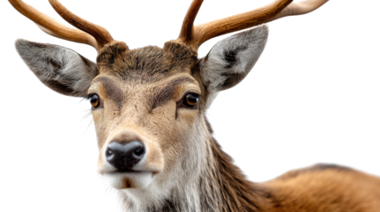 Fallow Deer Portrait: A closeup portrait of a fallow deer, showcasing its distinctive spotted coat, large antlers, and curious brown eyes, captured against a clean white background.