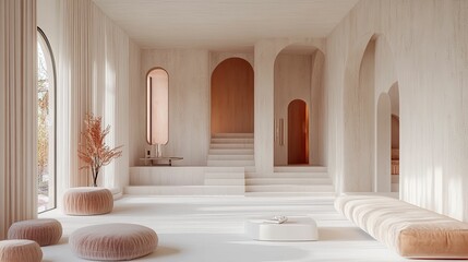 A serene and minimalist interior design featuring arched openings and soft textures.