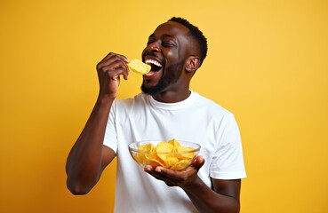 Joyful African American man enjoys eating chips from glass bowl on yellow background. Happy guy bites snack. Food, fast food, lunch, diet, lifestyle, people, eating, cheerful mood.