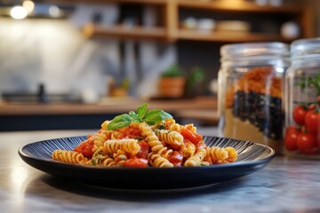 A plate of delicious spiral pasta with tomato sauce and basil.