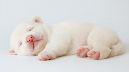 Sleeping white puppy with peaceful expression on white background
