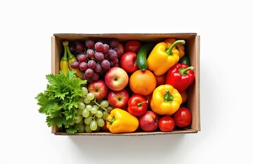 Assortment of fresh fruits, vegetables packed in cardboard box. Variety of colorful produce, food in grocery box. Healthy eating eco-friendly nutrition concept. White background provides ample copy