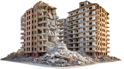 Ruined Building's Destruction: A desolate view of a multi-story building in ruins, showcasing the aftermath of a demolition or natural disaster. The image evokes a sense of loss, damage.