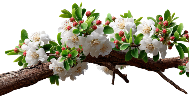 Blossoming Branch: A close-up image captures a blossoming branch in stunning detail, showcasing delicate white petals and vibrant green leaves against a backdrop of a clear sky.