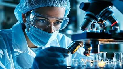 Scientist focuses on microscope details in a lab setting with test tubes and equipment - Powered by Adobe